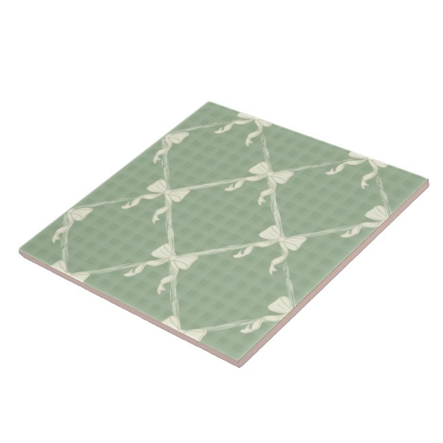 Coquette Bows Gingham Pattern Cream Sage Green  Ceramic Tile (Side)