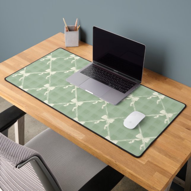 Coquette Bows Gingham Pattern Cream Sage Green  Desk Mat (Office 2)