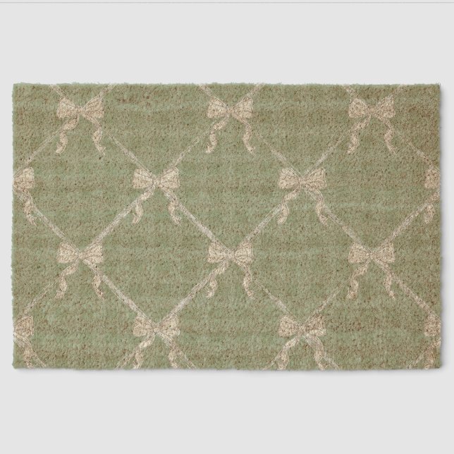 Coquette Bows Gingham Pattern Cream Sage Green  Fiber Doormat (Front)