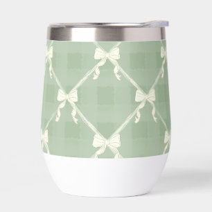Coquette Bows Gingham Pattern Cream Sage Green  Thermal Wine Tumbler