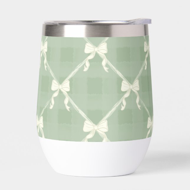 Coquette Bows Gingham Pattern Cream Sage Green  Thermal Wine Tumbler (Left)