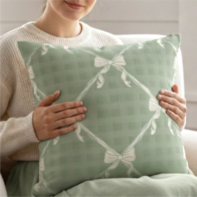 Coquette Bows Gingham Pattern Cream Sage Green  Throw Pillow (Creator Uploaded)