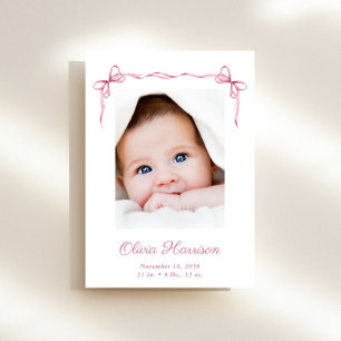 Coquette Bows Photo Baby Girl Birth Announcement
