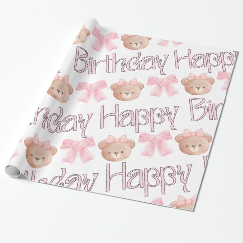 Coquette Bows  Teddy Bear _ Happy Birthday  Wrapping Paper