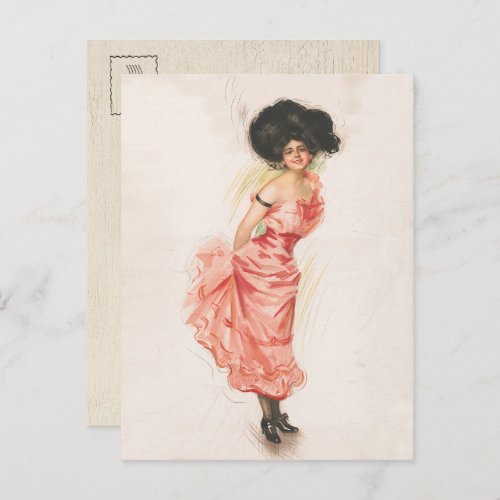 Coquette Brunette Woman in Pink Silk Dress Postcard