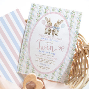 Coquette Bunny Balloon Boy Girl Twin Baby Shower Invitation