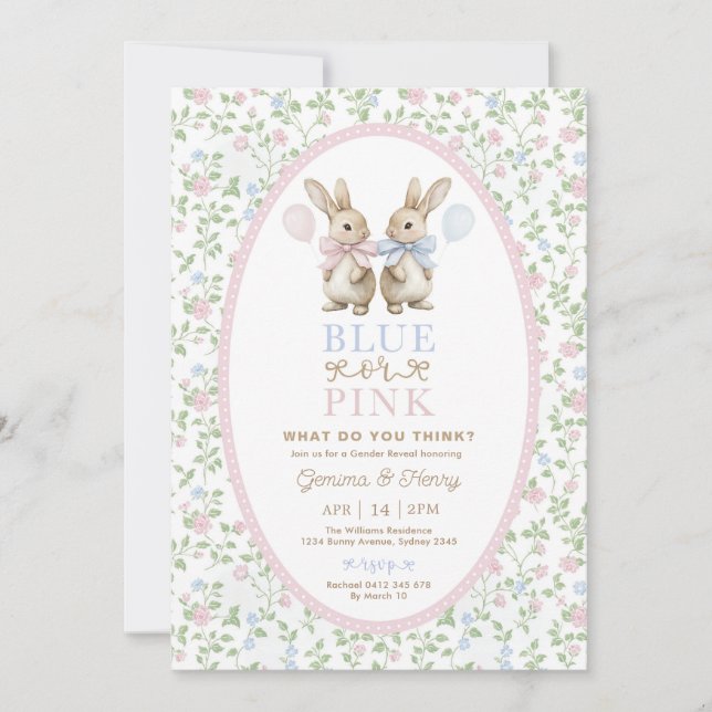 Coquette Bunny Blue or Pink Gender Reveal Invitation (Front)