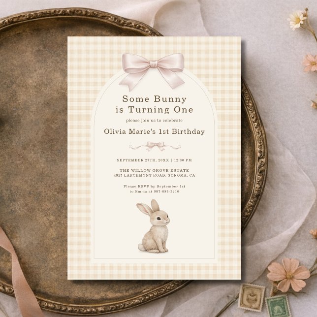 Coquette Bunny Gingham 1st Birthday Invitation (Creator Uploaded)