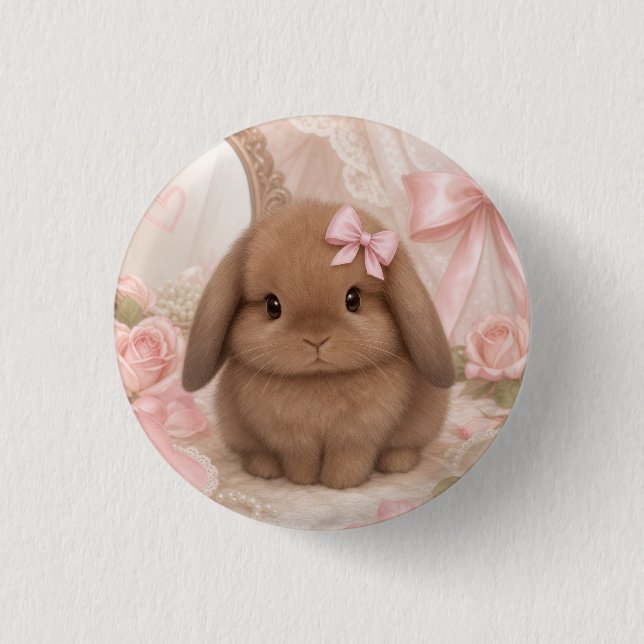 coquette bunny pink bow  button (Front)