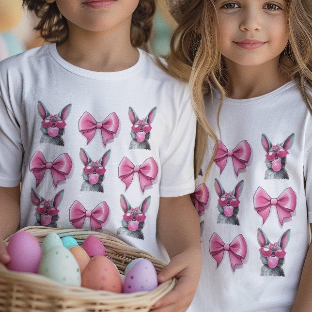 Coquette Bunny with Sunglasses Gum and Bow In Pink T-Shirt (Coquette easter bunnies with pink bubble gum and bows. )