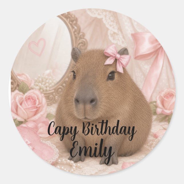 coquette capybara pink bow classic round sticker (Front)