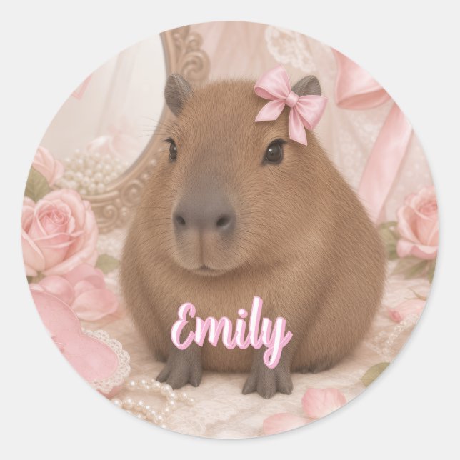coquette capybara pink bow classic round sticker (Front)