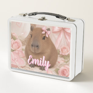 coquette capybara pink bow metal lunch box