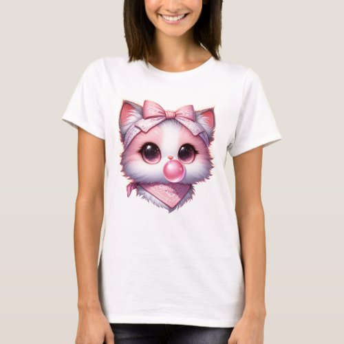 Coquette Cat Pink Bow Ribbon Bandanna Bubble Gum T_Shirt