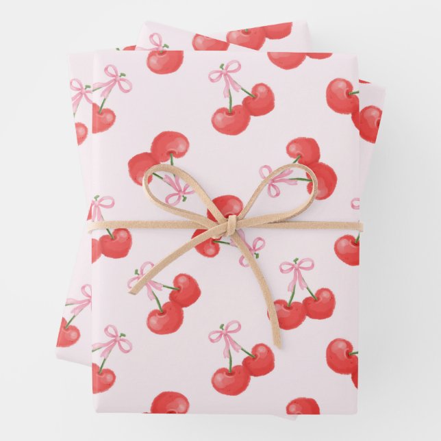 Coquette Cherries Pattern Wrapping Paper Sheets (In situ)