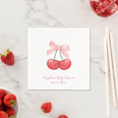 Coquette Cherries Pink Bow Personalized Napkin