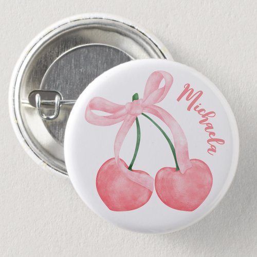 Coquette Cherries with Pink Bow Cute Aesthetic Button