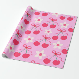 Coquette Cherries with Red Bows and White Flowers Wrapping Paper