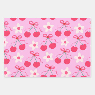 Coquette Cherries with Red Bows and White Flowers  Wrapping Paper Sheets