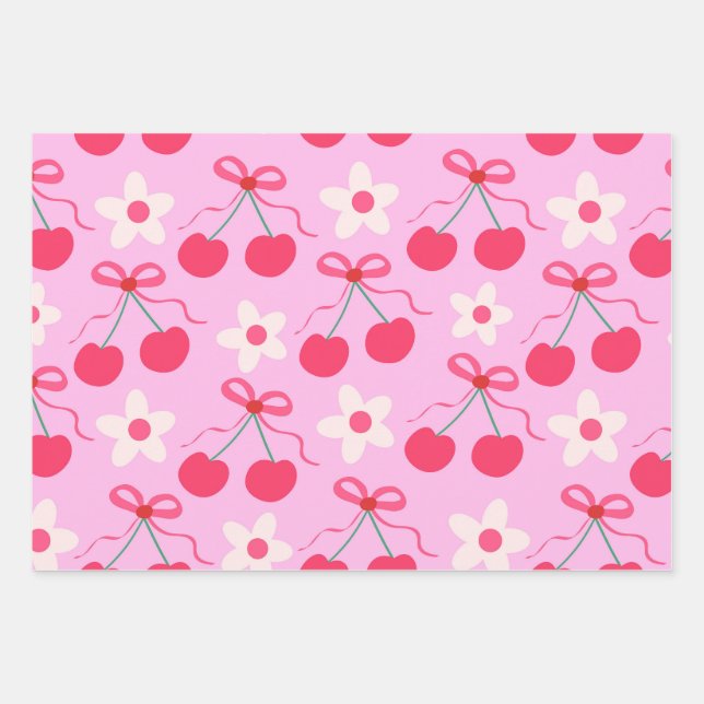 Coquette Cherries with Red Bows and White Flowers  Wrapping Paper Sheets (Front)