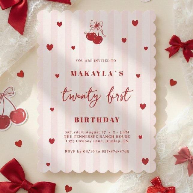 Coquette Cherry 21st Heart Aesthetic Birthday Invitation (Creator Uploaded)