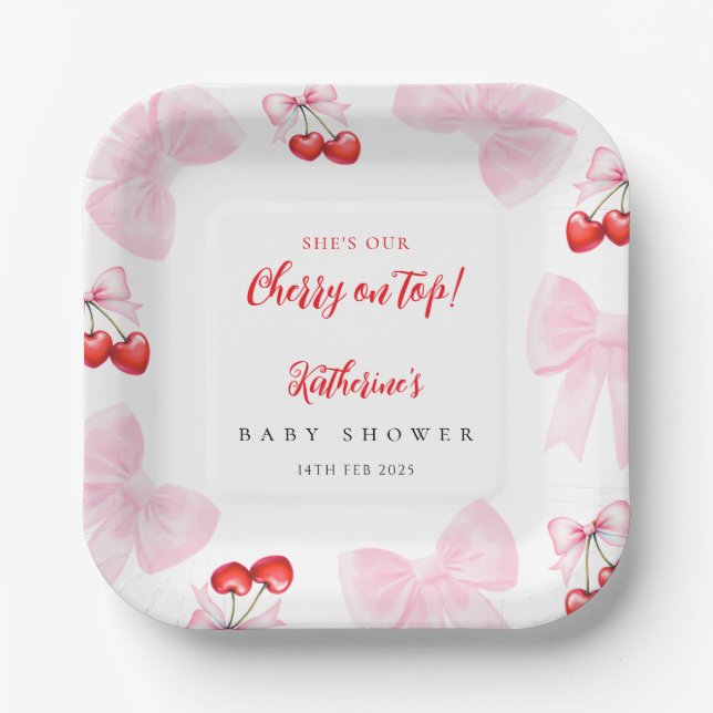 Coquette Cherry Baby Shower Paper Plates (Front)