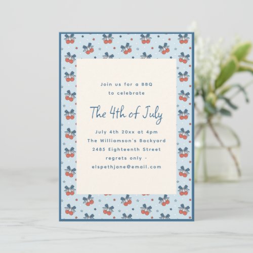 Coquette Cherry Bow Cute Fourth of July Party BBQ Invitation