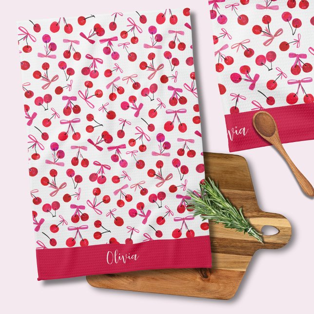 Coquette Cherry & bow pattern Kitchen Towel (Coquette cherry and bow girly pattern kitchen towel. Personalize with your own name or initials.)