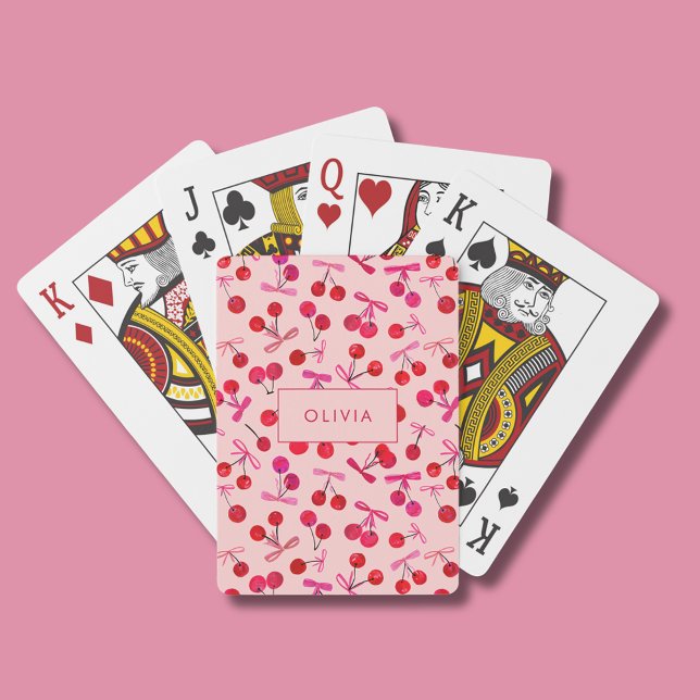 Coquette Cherry & Bow Poker Cards (Coquette cherry and bow girly pattern playing cards. Personalize with your own name or initials.)