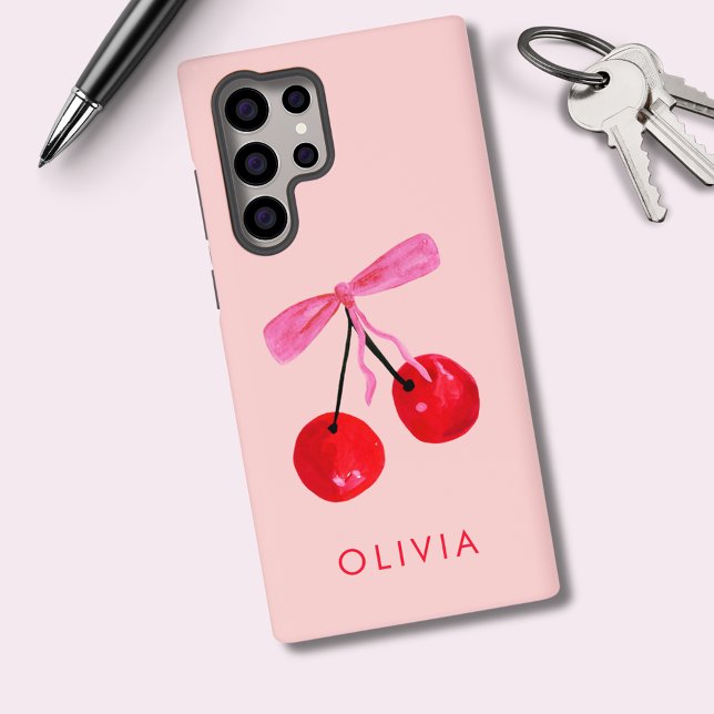 Coquette Cherry & Bow Samsung Galaxy Case (Coquette cherry and bow girly Samsung phone case. Personalize with your own name or initials.)