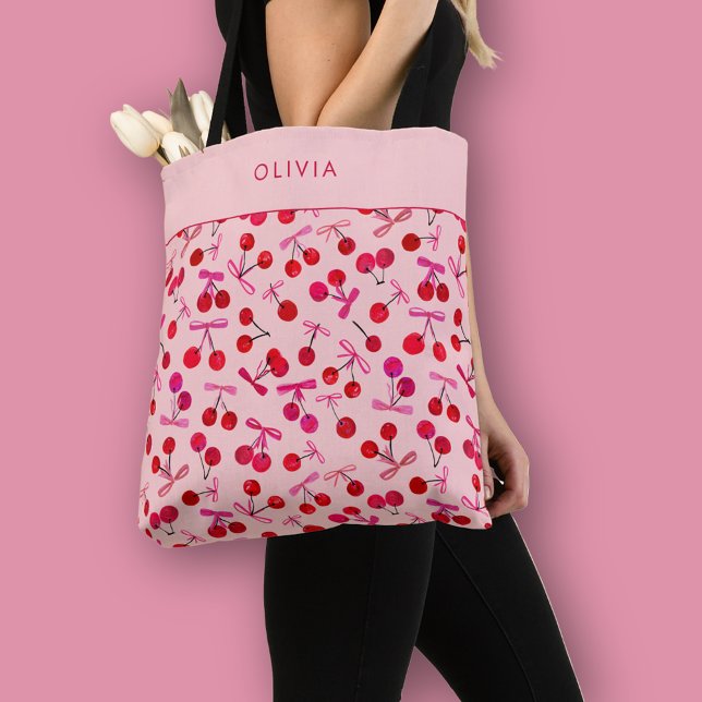 Coquette Cherry & Bow Tote Bag (Coquette cherry and bow girly pattern tote bag. Personalize with your own name or initials.)