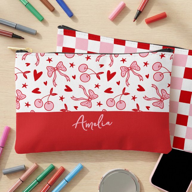 Coquette Cherry & Bows Pink and Red Checkerboard Accessory Pouch (Personalized Girls Pouch with coquette cherries & bow and pink & red checkerboard pattern.)