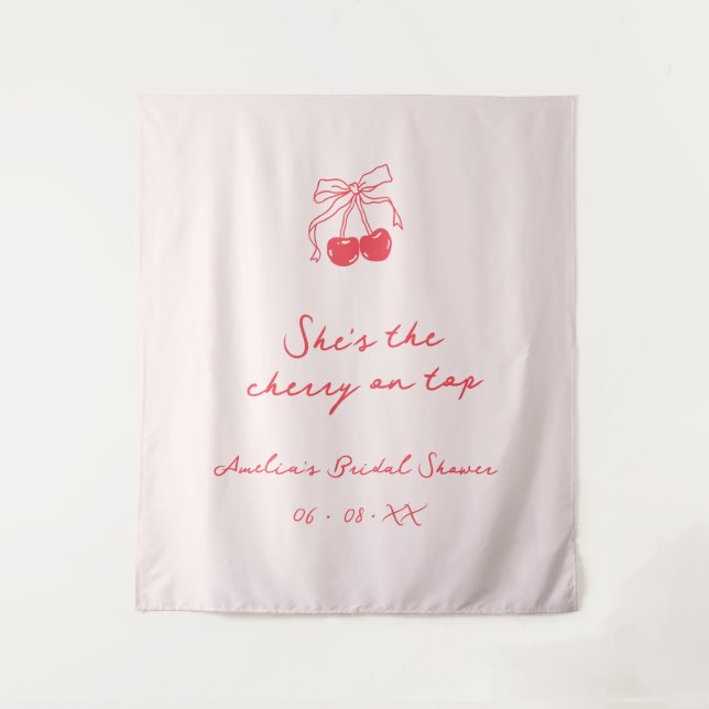 Coquette Cherry Bridal Shower Fabric Welcome Tapestry (Front)