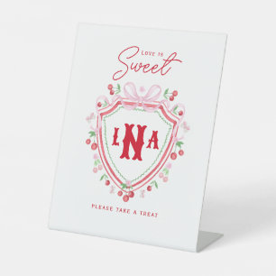 Coquette Cherry Crest Monogram Love is Sweet Pedestal Sign