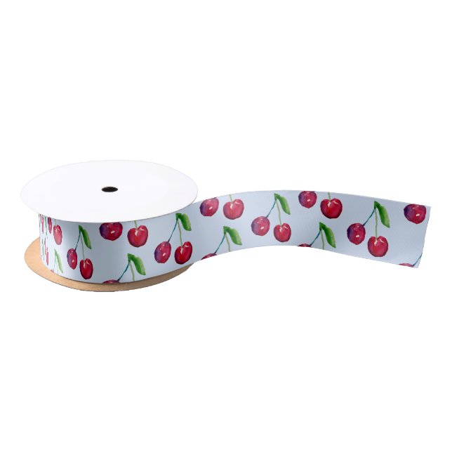 Coquette Cherry Cute Hand-Illustrated Sky Blue Satin Ribbon (Spool)