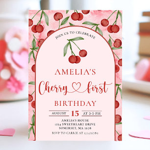Coquette Cherry First Birthday Red Cherry Birthday Invitation