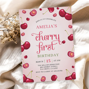 Coquette Cherry First Birthday Red Cherry Birthday Invitation