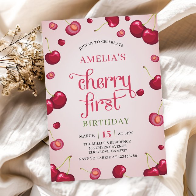 Coquette Cherry First Birthday Red Cherry Birthday Invitation (Creator Uploaded)