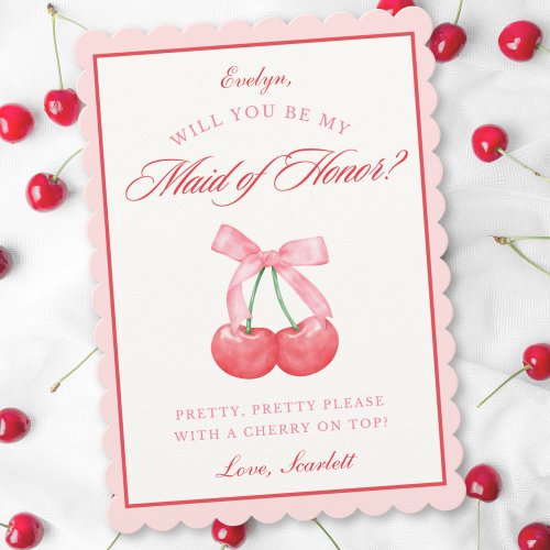 Coquette Cherry Maid of Honor Custom Name Proposal Invitation