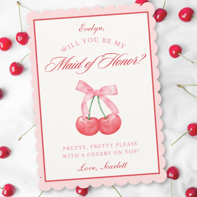Coquette Cherry Maid of Honor Custom Name Proposal Invitation (Creator Uploaded)