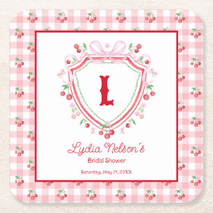 Coquette Cherry Monogam Bridal Shower Square Paper Coaster
