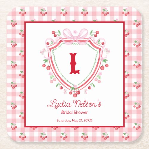 Coquette Cherry Monogam Bridal Shower Square Paper Coaster