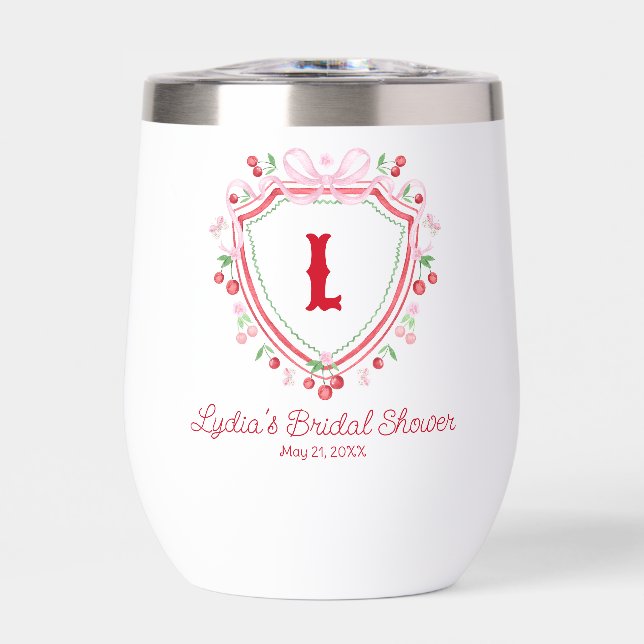 Coquette Cherry Monogam Bridal Shower Thermal Wine Tumbler (Front)