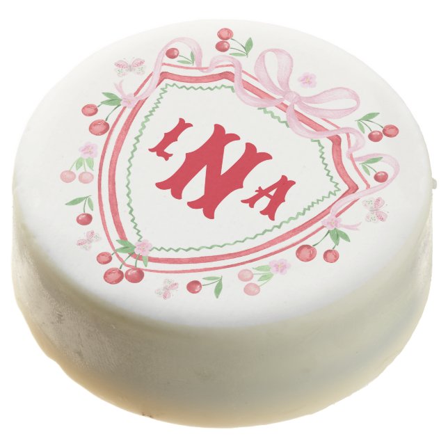 Coquette Cherry Monogram Crest Bridal Shower Chocolate Covered Oreo (Angled)