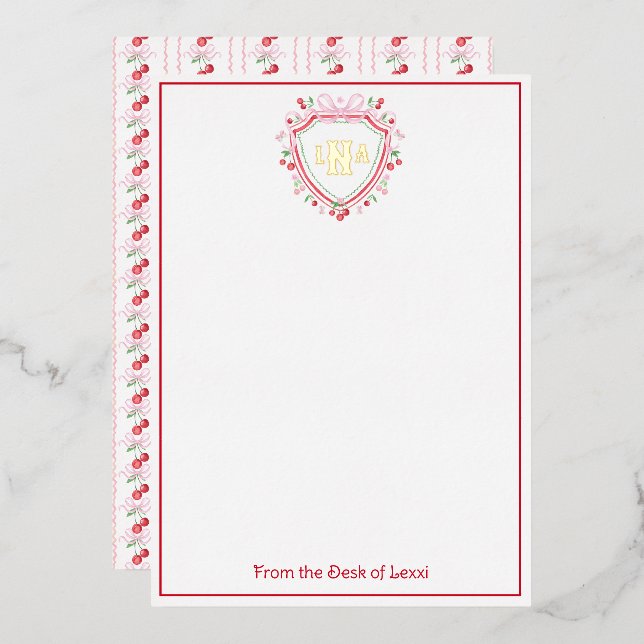 Coquette Cherry Monogram Crest Bridal Shower Foil Invitation (Front/Back)