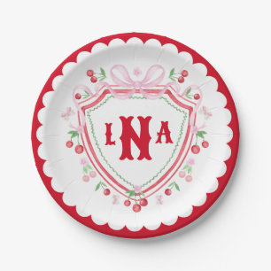 Coquette Cherry Monogram Crest Bridal Shower Paper Plates