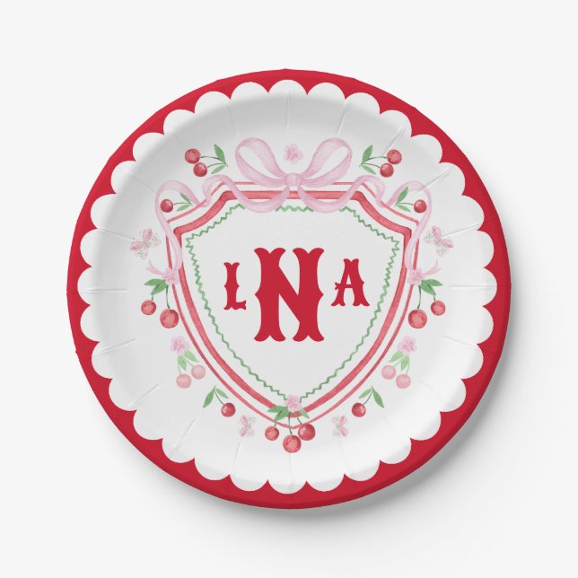 Coquette Cherry Monogram Crest Bridal Shower Paper Plates (Front)