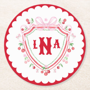 Coquette Cherry Monogram Crest Bridal Shower Round Paper Coaster