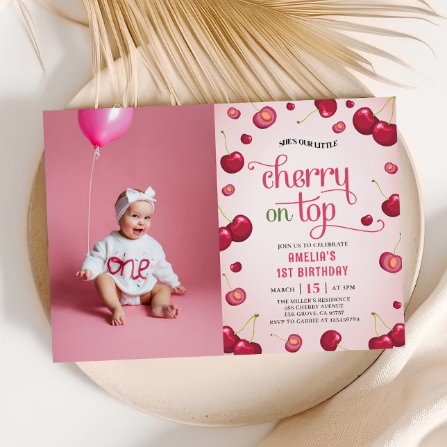 Coquette Cherry on Top 1st Birthday Photo Invitation (Creator Uploaded)
