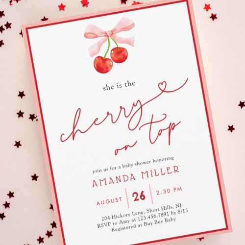 Coquette Cherry on Top Baby Girl Shower Invitation
